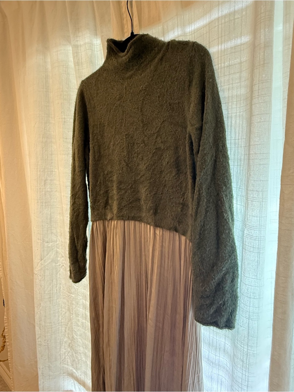 Anthropologie Olive Green Metallic Sweater Pleated Midi Dress Size 1X